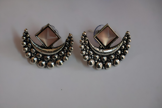 Ethnic Oxidized Crescent Silver Moon Earrings with Geometric Glass Accent.