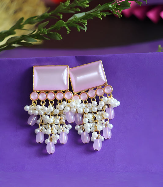 Elegant Pink Pearl Dangler Earrings with Gold Finish