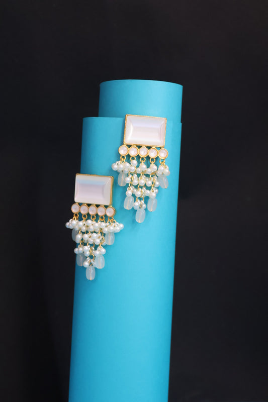 Elegant Pearl & Crystal Drop Statement Earrings – Rectangular Design