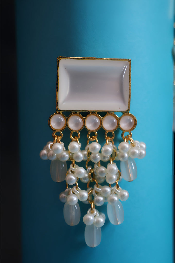 Elegant Pearl & Crystal Drop Statement Earrings – Rectangular Design