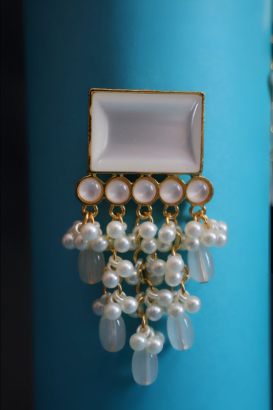 Elegant Pearl & Crystal Drop Statement Earrings – Rectangular Design