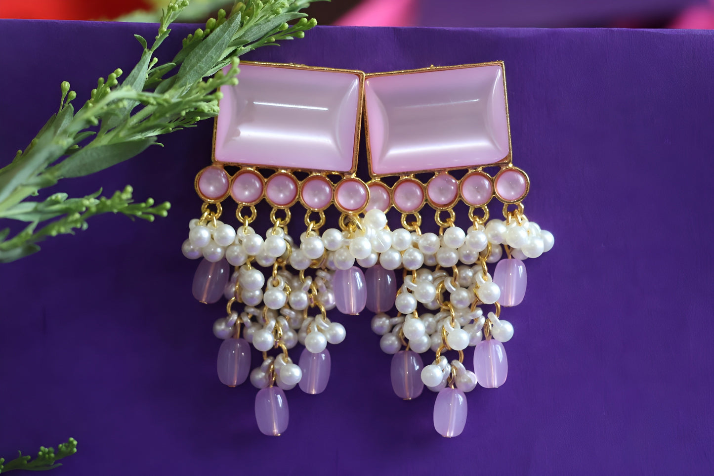 Elegant Pink Pearl Dangler Earrings with Gold Finish