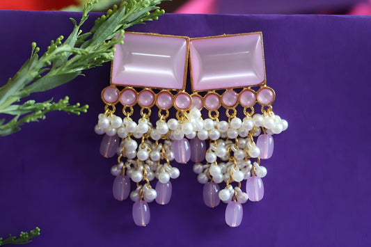 Elegant Pink Pearl Dangler Earrings with Gold Finish