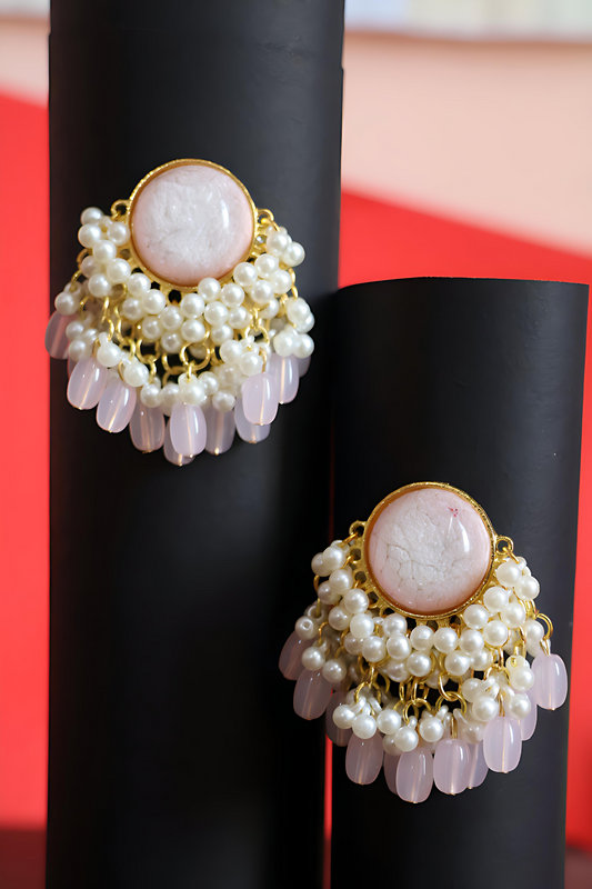 Elegant Blush Pink Pearl Kundan Dangle Earrings