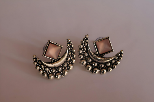 Ethnic Oxidized Crescent Silver Moon Earrings with Geometric Glass Accent.