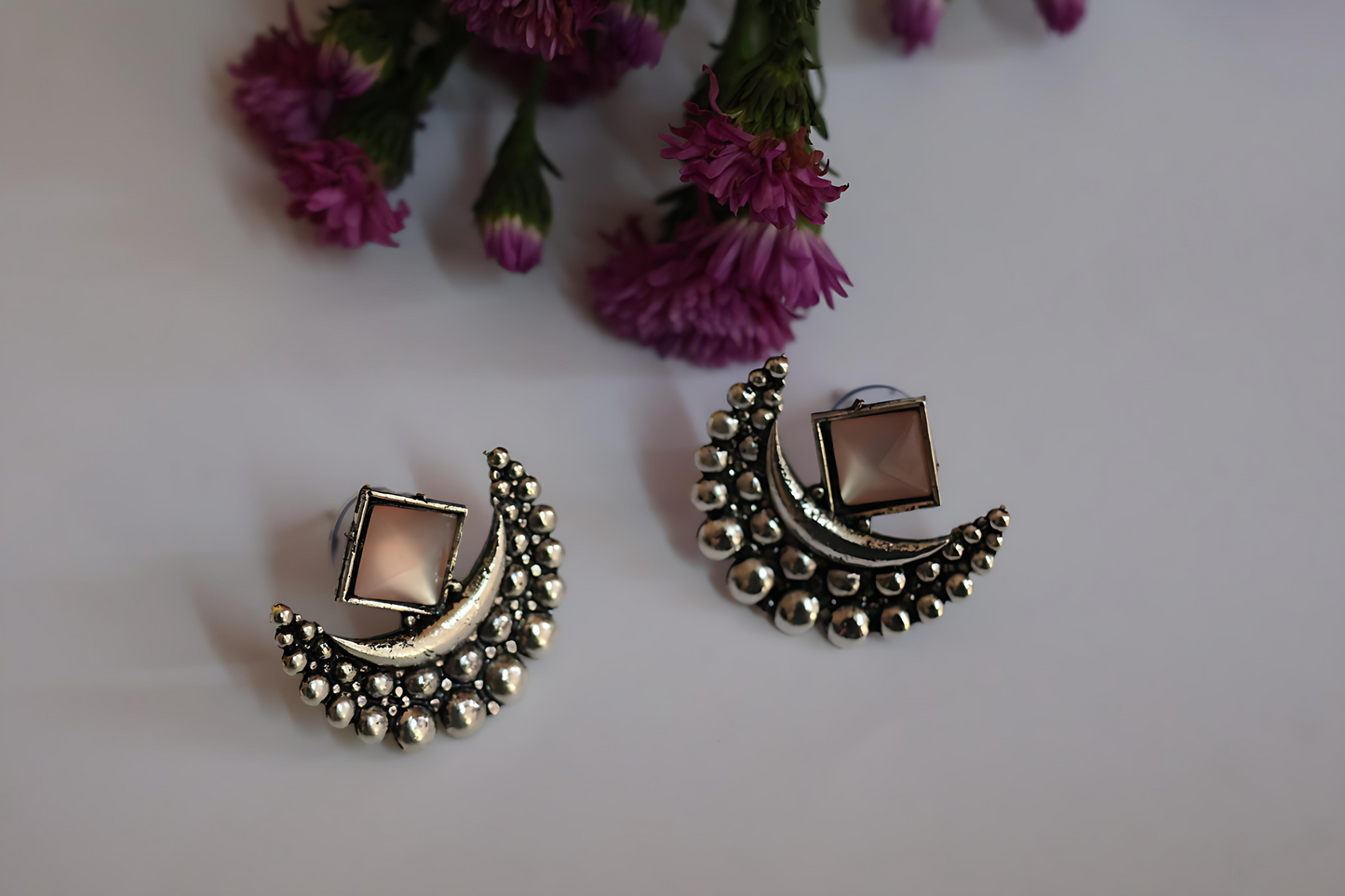 Ethnic Oxidized Crescent Silver Moon Earrings with Geometric Glass Accent.