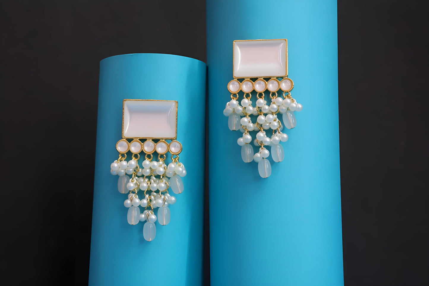 Elegant Pearl & Crystal Drop Statement Earrings – Rectangular Design